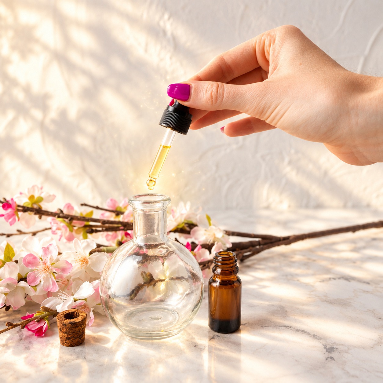 Esencia floral sobre mármol con flores de cerezo a la luz del sol